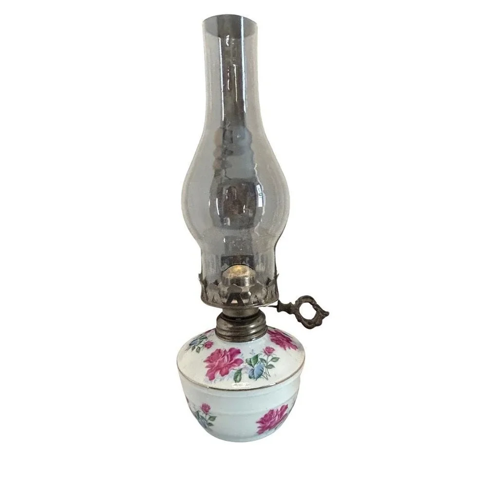 Vintage Floral Porcelain Oil Lamp -Pink Rose Transferware Kerosene Lamp